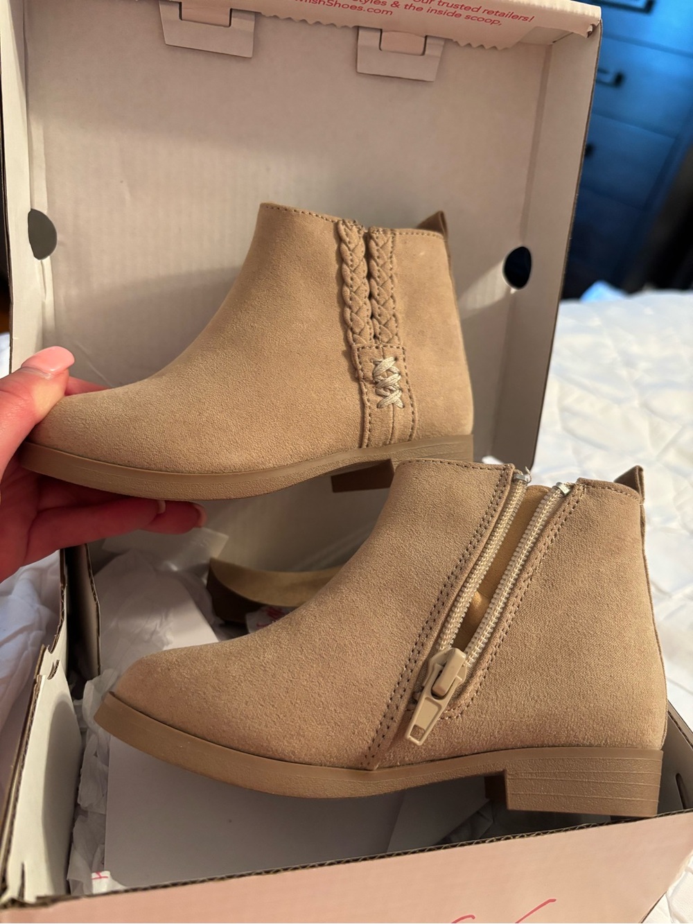 Toddler girls Light Tan Suede Ankle Booties with Braided Detail